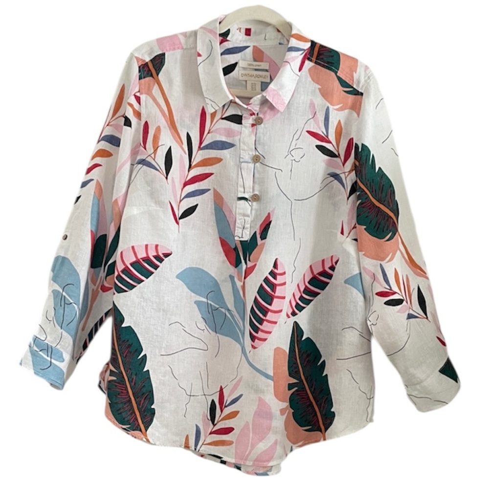 Cynthia Rowley Tropical Print 100% Linen Popover Tunic Top 1X NWOT